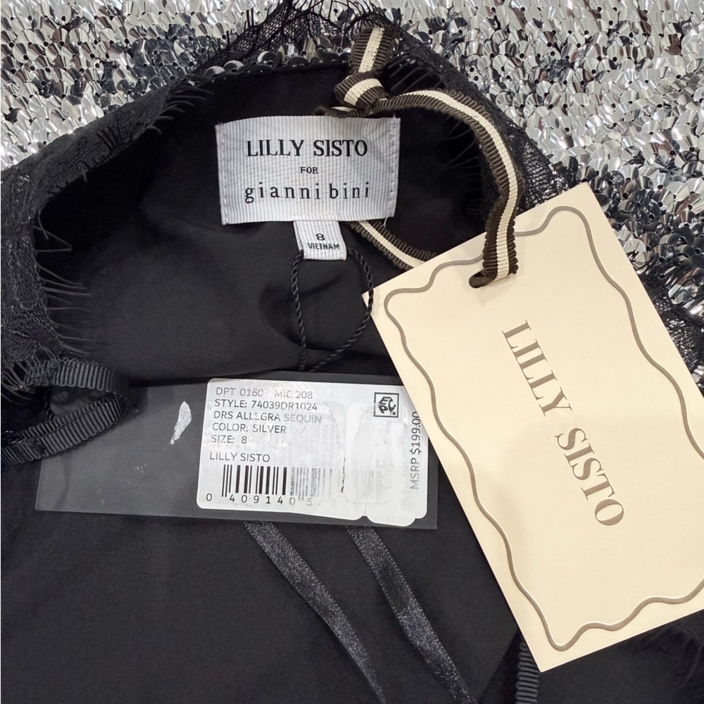 Gianni Bini Lilly Sisto Allegra Silver Sequin Dress Lace Trim Square Neck Party - Picture 12 of 16